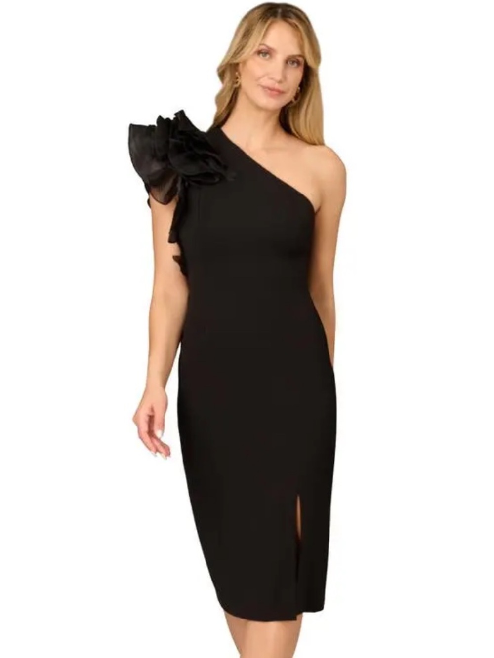 Adrianna Papell Aidan Mattox Ruffle One-Shoulder Ruffle Sheath Cocktail Dress Bl
